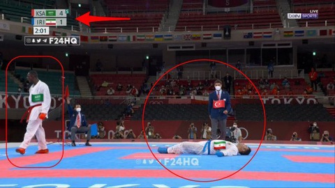 Võ sĩ karate bị đá ngất xỉu nằm trên cáng vẫn đoạt huy chương vàng Olympic - Ảnh 2. Võ sĩ karate bị đá ngất xỉu nằm trên cáng vẫn đoạt huy chương vàng Olympic - Ảnh 2.