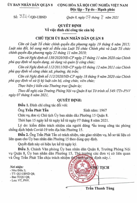 TP.HCM: Quận 8 đình chỉ, điều chuyển 2 chủ tịch UBND phường thiếu trách nhiệm chống dịch - Ảnh 1. TP.HCM: Quận 8 đình chỉ, điều chuyển 2 chủ tịch UBND phường thiếu trách nhiệm chống dịch - Ảnh 1.