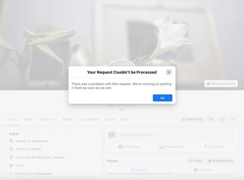 Nhiều người dùng Facebook trên máy tính bị lỗi ‘không thể xử lý yêu cầu của bạn’ - Ảnh 1. Nhiều người dùng Facebook trên máy tính bị lỗi ‘không thể xử lý yêu cầu của bạn’ - Ảnh 1.
