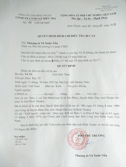 Vụ án 39 năm không tìm ra hung thủ: Đình chỉ điều tra bị can với ông Võ Tê - Ảnh 2. Vụ án 39 năm không tìm ra hung thủ: Đình chỉ điều tra bị can với ông Võ Tê - Ảnh 2.