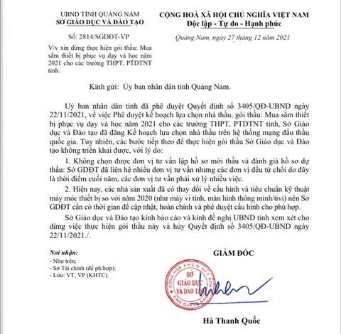 Giám đốc Sở GD-ĐT Quảng Nam ký xin dừng gói thầu mua sắm lớn trước khi nghỉ hưu - Ảnh 1. Giám đốc Sở GD-ĐT Quảng Nam ký xin dừng gói thầu mua sắm lớn trước khi nghỉ hưu - Ảnh 1.