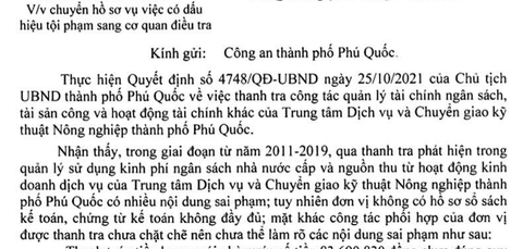 Chuyển công an điều tra sai phạm tại Trung tâm Chuyển giao kỹ thuật nông nghiệp TP Phú Quốc - Ảnh 1. Chuyển công an điều tra sai phạm tại Trung tâm Chuyển giao kỹ thuật nông nghiệp TP Phú Quốc - Ảnh 1.