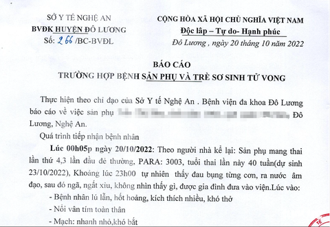 Báo cáo của Bệnh viện Đa khoa huyện Đô Lương về vụ mẹ con sản phụ tử vong - Ảnh 1. Báo cáo của Bệnh viện Đa khoa huyện Đô Lương về vụ mẹ con sản phụ tử vong - Ảnh 1.