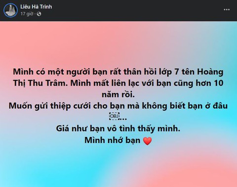 CĐM cười xỉu khi Liêu Hà Trinh đăng đàn tìm bạn thân thất lạc 10 năm để mời cưới - Ảnh 1. CĐM cười xỉu khi Liêu Hà Trinh đăng đàn tìm bạn thân thất lạc 10 năm để mời cưới - Ảnh 1.
