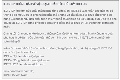 Sau Hội đồng Anh, IDP thông báo tạm hoãn kỳ thi IELTS - Ảnh 2. Sau Hội đồng Anh, IDP thông báo tạm hoãn kỳ thi IELTS - Ảnh 2.