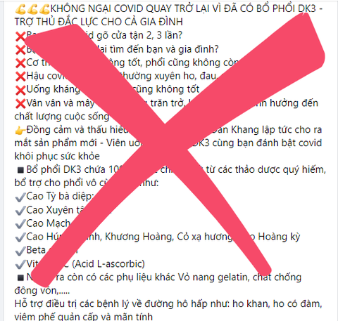 Cục An toàn thực phẩm: Viên bổ phổi DK3 đánh bật COVID quảng cáo sai sự thật - Ảnh 1. Cục An toàn thực phẩm: Viên bổ phổi DK3 đánh bật COVID quảng cáo sai sự thật - Ảnh 1.