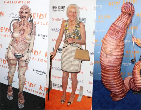Cận cảnh màn hoá chim công của Heidi Klum xứng danh nữ hoàng Halloween - Ảnh 8. Ba màn hóa trang độc dị thành người ngoài hành tinh, bà lão hay chú sâu biết đi của Heidi Klum từng gây chấn động làng sao thế giới.