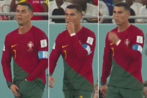 Dân mạng sốt với khoảnh khắc khó đỡ của Ronaldo lấy gì đó trong quần và... bỏ vào miệng - Ảnh 1. Dân mạng sốt với khoảnh khắc khó đỡ của Ronaldo lấy gì đó trong quần và... bỏ vào miệng - Ảnh 1.