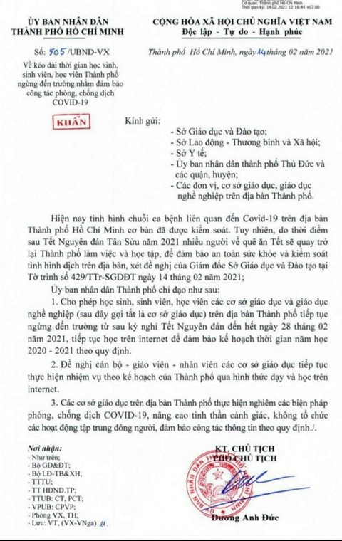 TP.HCM: Không có việc cho học sinh nghỉ đến ngày 28-2 do COVID-19 - Ảnh 1. TP.HCM: Không có việc cho học sinh nghỉ đến ngày 28-2 do COVID-19 - Ảnh 1.