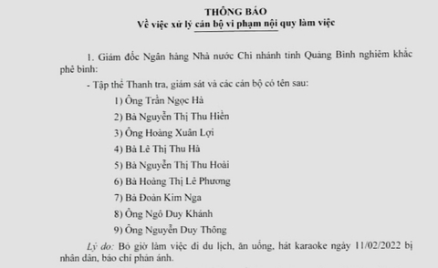 Đi hát karaoke trong giờ làm, 9 cán bộ Ngân hàng Nhà nước bị phê bình, cắt thi đua - Ảnh 1. Đi hát karaoke trong giờ làm, 9 cán bộ Ngân hàng Nhà nước bị phê bình, cắt thi đua - Ảnh 1.