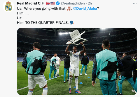 Alaba gây cười với màn cầm ghế ăn mừng sau bàn thắng của Benzema - Ảnh 2. Alaba gây cười với màn cầm ghế ăn mừng sau bàn thắng của Benzema - Ảnh 2.