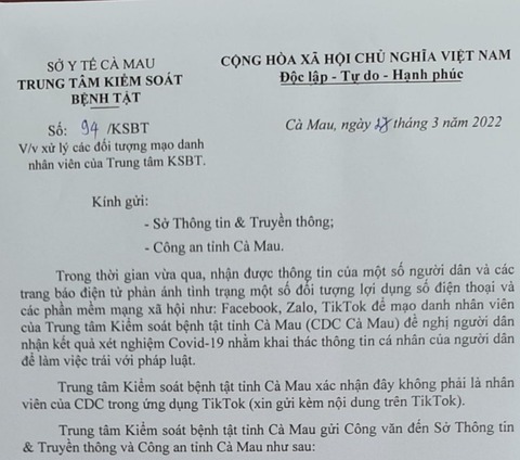 Mạo danh CDC Cà Mau để lấy thông tin cá nhân của người dân - Ảnh 1. Mạo danh CDC Cà Mau để lấy thông tin cá nhân của người dân - Ảnh 1.