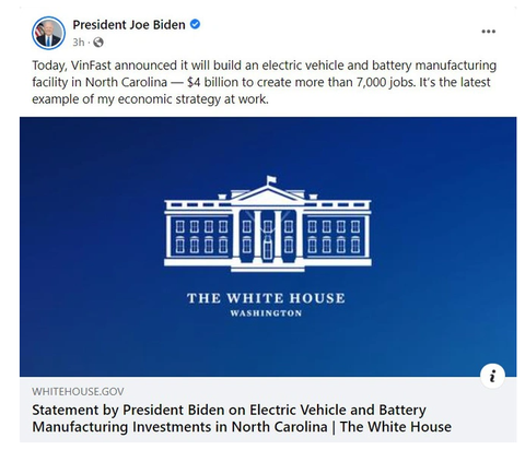 Tổng thống Biden hoan nghênh VinFast xây nhà máy sản xuất ô tô điện ở Mỹ - Ảnh 1. Tổng thống Biden hoan nghênh VinFast xây nhà máy sản xuất ô tô điện ở Mỹ - Ảnh 1.