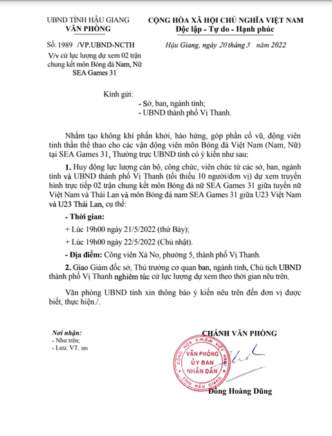 Hậu Giang thu hồi công văn yêu cầu cán bộ đi xem bóng đá - Ảnh 1. Hậu Giang thu hồi công văn yêu cầu cán bộ đi xem bóng đá - Ảnh 1.