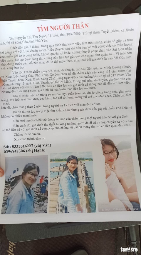 Con gái 16 tuổi vào TP.HCM làm việc lương cao mất tích, cha vượt 600km đi tìm - Ảnh 2. Con gái 16 tuổi vào TP.HCM làm việc lương cao mất tích, cha vượt 600km đi tìm - Ảnh 2.