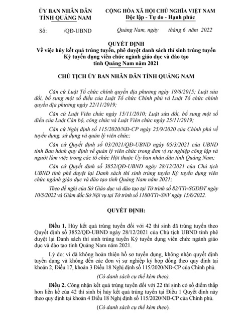 Quảng Nam hủy kết quả trúng tuyển viên chức giáo dục đối với 42 thí sinh - Ảnh 1.