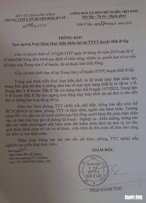 Thu hồi thông báo dừng chạy thận do trung tâm y tế huyện tự ý ban hành - Ảnh 1. Thu hồi thông báo dừng chạy thận do trung tâm y tế huyện tự ý ban hành - Ảnh 1.