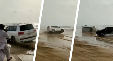 Toyota Land Cruiser đổ lật ê chề sau khi drift trên bờ biển - Ảnh 1. Toyota Land Cruiser đổ lật ê chề sau khi drift trên bờ biển - Ảnh 1.
