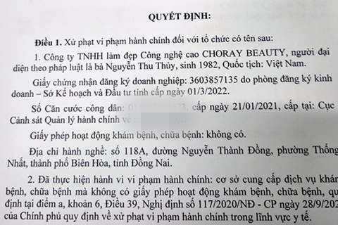 Phẫu thuật thẩm mỹ khi chưa có giấy phép, một cơ sở bị xử phạt 90 triệu đồng - Ảnh 1. Phẫu thuật thẩm mỹ khi chưa có giấy phép, một cơ sở bị xử phạt 90 triệu đồng - Ảnh 1.