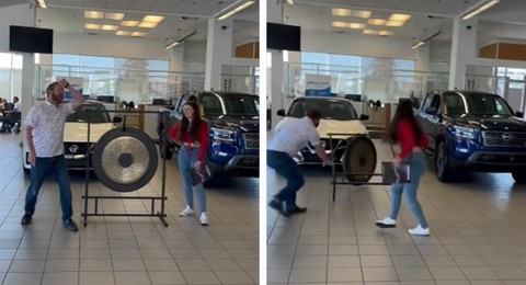 Đá chiêng trong lễ bàn giao, chủ xe suýt làm móp đầu chiếc Nissan mới tinh - Ảnh 1. Đá chiêng trong lễ bàn giao, chủ xe suýt làm móp đầu chiếc Nissan mới tinh - Ảnh 1.