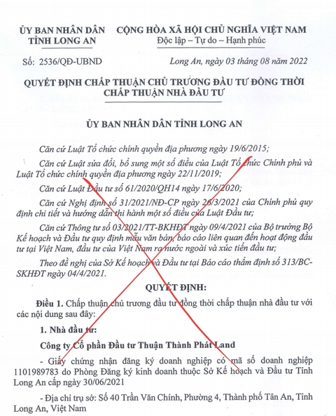 Văn bản tỉnh Long An chấp thuận khu công nghiệp Thuận Thành Phát Land là giả mạo - Ảnh 1. Văn bản tỉnh Long An chấp thuận khu công nghiệp Thuận Thành Phát Land là giả mạo - Ảnh 1.