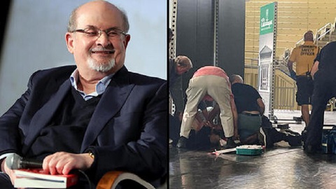 Nhà văn Salman Rushdie bị đâm vào cổ ngay trên sân khấu Mỹ - Ảnh 1. Nhà văn Salman Rushdie bị đâm vào cổ ngay trên sân khấu Mỹ - Ảnh 1.