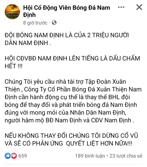 Cổ động viên Nam Định kêu gọi thay huấn luyện viên Nguyễn Văn Sỹ, nếu không sẽ bỏ đội bóng - Ảnh 2. Cổ động viên Nam Định kêu gọi thay huấn luyện viên Nguyễn Văn Sỹ, nếu không sẽ bỏ đội bóng - Ảnh 2.