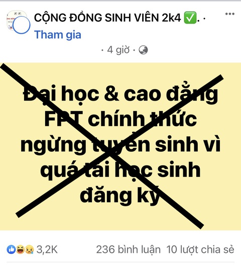 Đại học FPT bác bỏ tin giả mạo đang lan truyền trường ngừng tuyển sinh - Ảnh 1. Đại học FPT bác bỏ tin giả mạo đang lan truyền trường ngừng tuyển sinh - Ảnh 1.