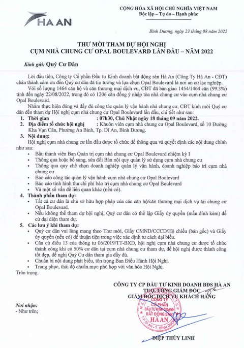 Mời tham dự hội nghị nhà chung cư Opal Boulevard Bình Dương - Ảnh 1. Mời tham dự hội nghị nhà chung cư Opal Boulevard Bình Dương - Ảnh 1.