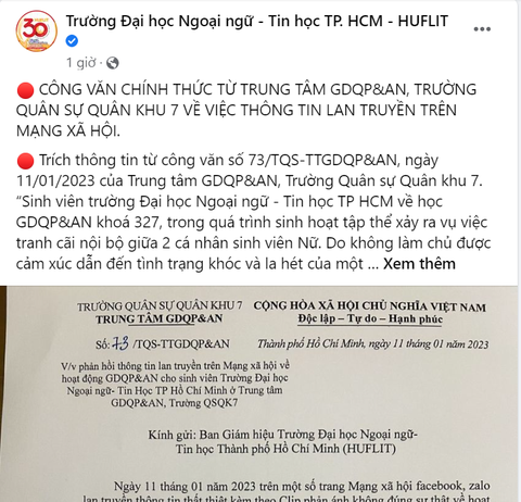 Trường quân sự Quân khu 7 mời cơ quan chức năng vào cuộc, bác bỏ thông tin sai sự thật trên mạng - Ảnh 1. Trường quân sự Quân khu 7 mời cơ quan chức năng vào cuộc, bác bỏ thông tin sai sự thật trên mạng - Ảnh 1.