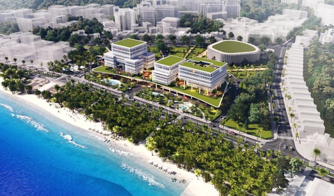 Lý do chọn và điều chỉnh phương án kiến trúc các trụ sở tỉnh Khánh Hòa - Ảnh 3. Phối cảnh tổng thể phương án kiến trúc đoạt giải nhì (TT33) có thiết kế các công trình trụ sở các cơ quan tỉnh Khánh Hòa tại khu số 1 Trần Phú, TP Nha Trang đều nhìn ra đường Trần Phú - Ảnh: Phương án dự thi TT33