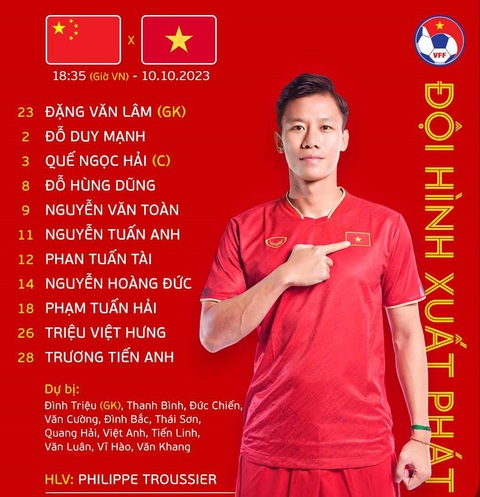 Trực tuyến tuyển Trung Quốc - Việt Nam (18h35): chủ nhà quyết 'đòi nợ' - Ảnh 2. Đội hình xuất phát tuyển Việt Nam đấu Trung Quốc - Ảnh: VFF