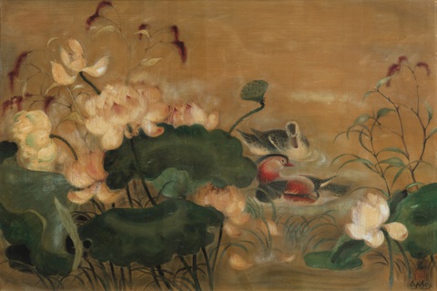 Đấu giá tranh Lê Phổ, Vũ Cao Đàm trong BST quý của hoàng thân Bửu Lộc - Ảnh 1. Bức Canard et Lotus của danh họa Lê Phổ vẽ cuối những năm 1930 (ước tính từ 350.000 - 500.000 Euro). Tranh được treo trong phòng ăn của hoàng thân Bửu Lộc, nơi có chiếc ghế cũng do Lê Phổ thiết kế vào những năm 1950. Toàn bộ bố cục phòng ăn đặc biệt xoay quanh tác phẩm này.
