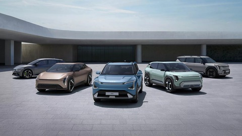 Kia hé lộ EV2 giá rẻ, để lộ yếu tố xoay quanh EV1 thế chân Morning - Ảnh 1. Đội hình xe điện kỷ nguyên mới của Kia hiện đã có 5 cái tên, với từ trái qua phải lần lượt là EV3, EV4, EV5, EV6 và EV9 - Ảnh: Kia