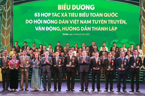 Nông dân xuất sắc lời 50 tỉ đồng: ‘Tôi thoát trắng tay và thành công nhờ xoay đúng lúc’ - Ảnh 1. Phó chủ tịch thường trực Quốc hội Trần Thanh Mẫn cùng Chủ tịch Trung ương Hội Nông dân Việt Nam Lương Quốc Đoàn trao kỷ niệm chương cho các hợp tác xã tiêu biểu - Ảnh: C.TUỆ