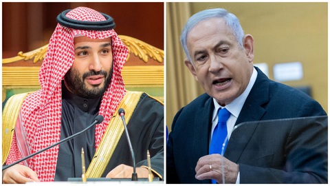 Các nước Trung Đông phản ứng vụ Israel - Hamas, Saudi Arabia có động thái đáng chú ý - Ảnh 1. Thái tử Mohammed bin Salman của Saudi Arabia (bên trái) và Thủ tướng Benjamin Netanyahu của Israel - Ảnh: THE TIMES OF ISRAEL