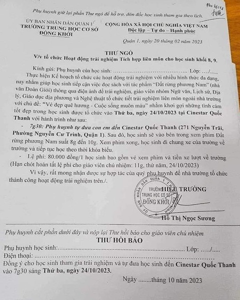 Nhà trường gởi thư ngỏ vận động học sinh xem phim Đất rừng phương Nam? - Ảnh 2. Thư ngỏ vận động học sinh xem phim Đất rừng phương Nam. Đáng chú ý, thời gian ghi phía trên thư ngỏ là 20-2-2023.