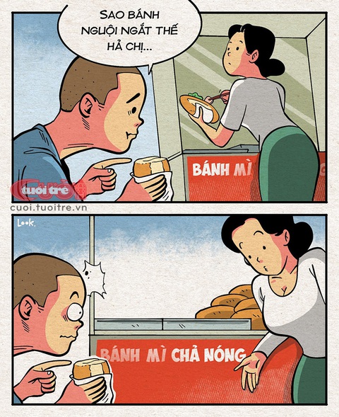 Vừa ăn bánh mì vừa học tiếng Việt - Ảnh 1. Chàng trai đành ngậm ngùi chấp nhận thua kém trình độ tiếng Việt so với bà bán bánh mì - Tranh: Look