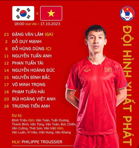 Trực tuyến Hàn Quốc - Việt Nam (18h): Chờ lối chơi khởi sắc - Ảnh 3. Đội hình ra sân của đội tuyển Việt Nam trong trận đấu với Hàn Quốc, Hùng Dũng đeo băng đội trưởng - Ảnh: VFF
