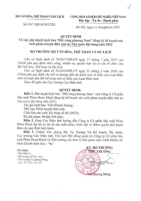 Quyết định phê duyệt kịch bản "Đất rừng phương Nam" đăng ký kế hoạch sản xuất phim truyện điện ảnh do nhà nước đặt hàng năm 2022 - Ảnh: ĐPCC Quyết định phê duyệt kịch bản "Đất rừng phương Nam" đăng ký kế hoạch sản xuất phim truyện điện ảnh do Nhà nước đặt hàng năm 2022 - Ảnh: ĐPCC