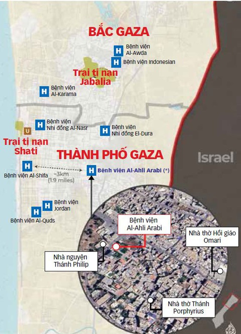Bệnh viện Al-Ahli Arabi (*) và một số bệnh viện khác trong Dải Gaza N guồn: Al Jazeera - Dữ liệu: BÌNH AN - Đồ họa: TUẤN ANH Bệnh viện Al-Ahli Arabi (*) và một số bệnh viện khác trong Dải Gaza N guồn: Al Jazeera - Dữ liệu: BÌNH AN - Đồ họa: TUẤN ANH