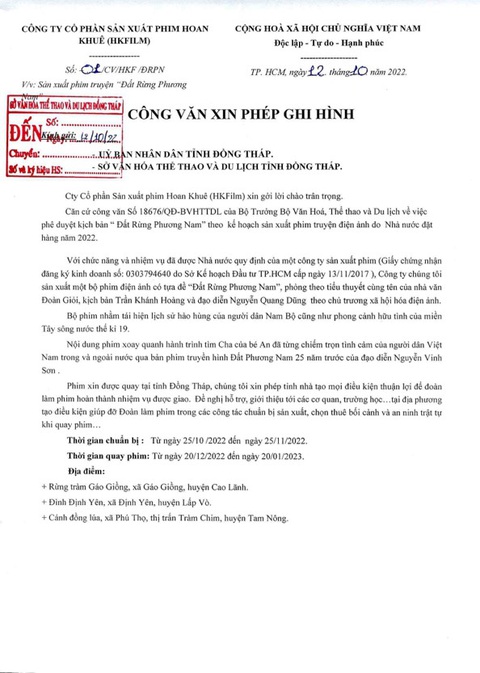 Công văn xin phép ghi hình tại tỉnh Đồng Tháp do nhà sản xuất "Đất rừng phương Nam" gửi UBND tỉnh Đồng Tháp vào năm 2022 - Ảnh: Nhà sản xuất cung cấp Công văn xin phép ghi hình tại tỉnh Đồng Tháp do nhà sản xuất "Đất rừng phương Nam" gửi UBND tỉnh Đồng Tháp vào năm 2022 - Ảnh: Nhà sản xuất cung cấp