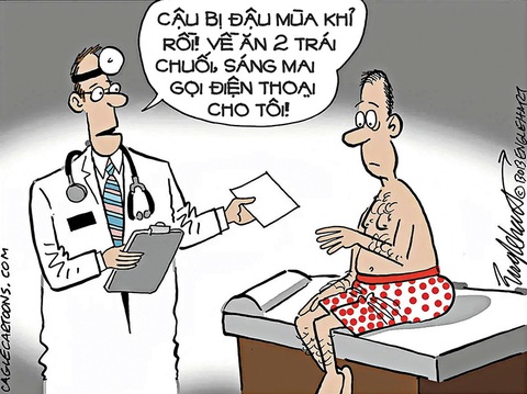 Khi Mpox vẫn mang tiếng oan là 'đậu mùa khỉ' - Ảnh 5. Đùa dai nhách: sẽ hết bị Mpox, nếu măm chuối như... khỉ - tranh của họa sĩ Hoa Kỳ Bob Englehart.