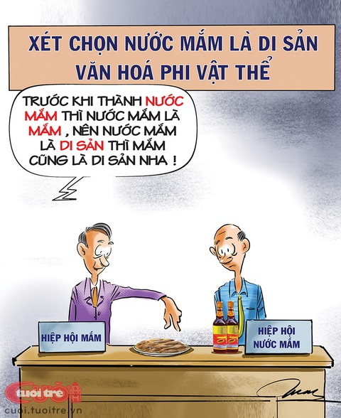 Mắm và nước mắm cãi nhau vì văn hóa phi vật thể - Ảnh 1. Mắm và nước mắm cãi nhau vì di sản văn hóa phi vật thể - Tranh: Đỗ Minh Tuấn