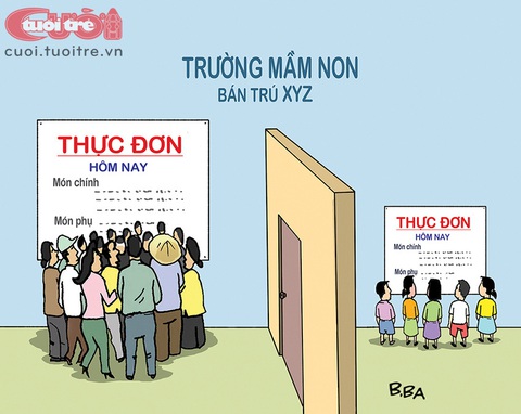 Suất ăn trong trường học: Khuất mắt trông coi - Ảnh 1. Thực đơn suất ăn bán trú: Khuất mắt trông coi - Tranh: B.Ba