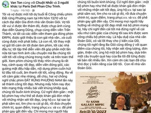 Bài đăng của ông Tôn Gia Văn - con rể nhà văn Đoàn Giỏi - với thông điệp cảm ơn đoàn phim và chia sẻ nỗi buồn khi phim bị chỉ trích - Ảnh: ĐPCC Bài đăng của ông Tôn Gia Văn - con rể nhà văn Đoàn Giỏi - với thông điệp cảm ơn đoàn phim và chia sẻ nỗi buồn khi phim bị chỉ trích - Ảnh: ĐPCC