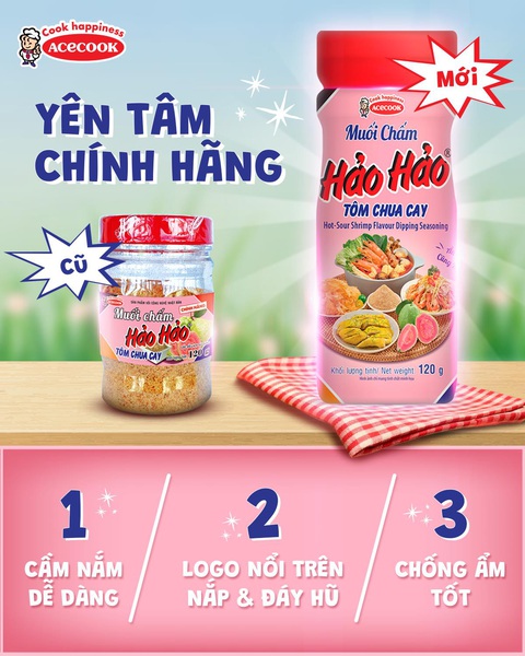 Muối chấm Hảo Hảo ra mắt diện mạo mới - Ảnh 2. Các thông tin nhận biết Muối chấm Hảo Hảo Tôm chua cay hàng chính hãng.