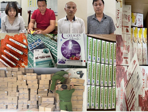Tạm giữ hình sự nhóm sản xuất, buôn bán thực phẩm chức năng giả, kém chất lượng - Ảnh 1. Bốn nghi phạm (hàng trên) và tang vật vụ án vừa bị công an bắt giữ - Ảnh: Công an tỉnh Thanh Hóa cung cấp