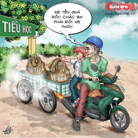 Tậu xe ba gác để chở bài tập về nhà? - Ảnh 1. Tậu xe ba gác để chở bài tập về nhà? - Tranh: Nguyễn Tuấn Anh