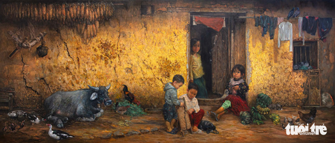 Bùi Văn Tuất “Nhìn Lại” những đôi mắt vùng cao - Ảnh 6. Tác phẩm "Khoảng sân nhỏ trước nhà", sơn dầu trên vải, khổ 170x400cm